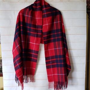 J. Crew 100% Wool Fringe Tartan Plaid Wrap Blanket Scarf Red Blue White 82"x 25"